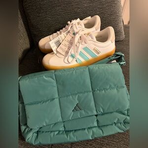 New ! Adidas White Sneakers with Blue Stripes and Teal Bag Bundle